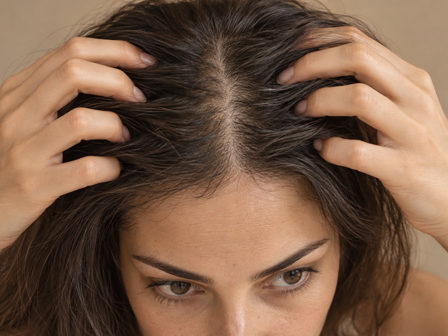 Woman running her hand through her hair at the parting
