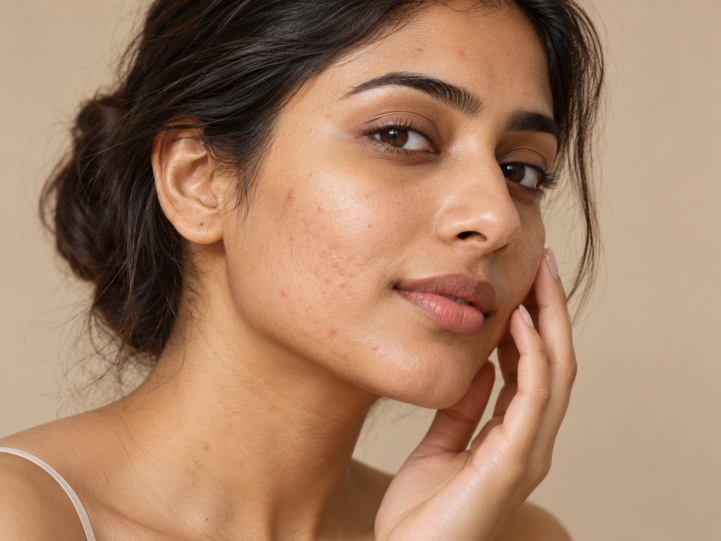 Close-up of a woman's cheek and jawline showing acne and acne scarring