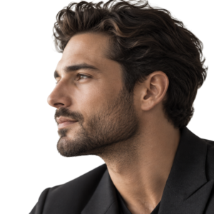 Man with thick, healthy hair in profile