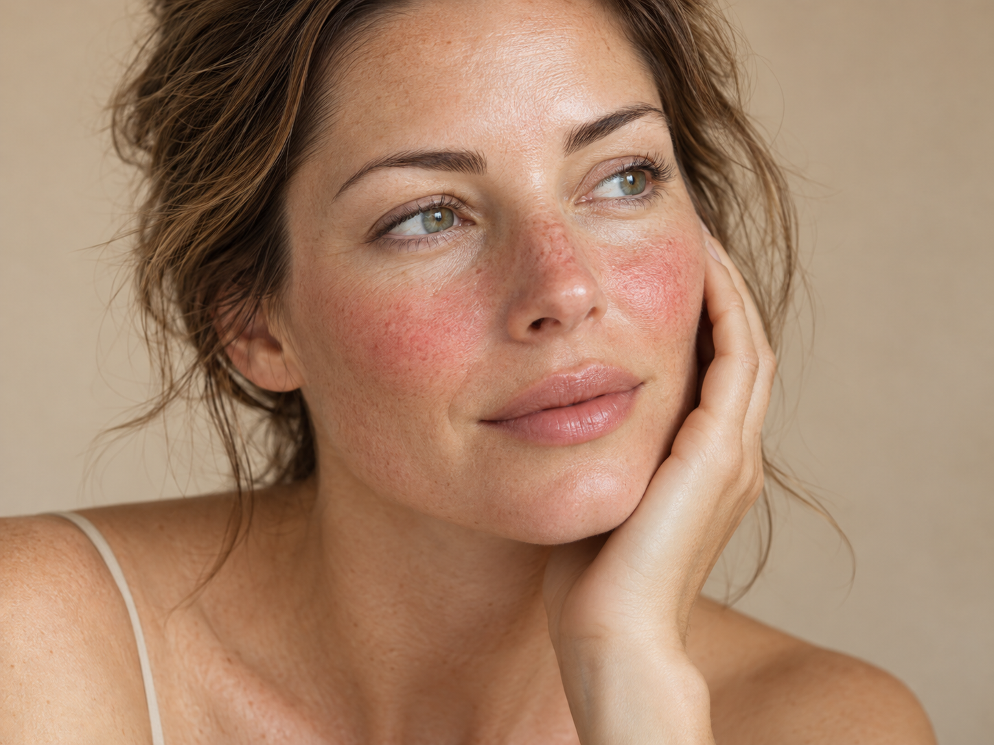 Woman with redness across her cheeks and nose
